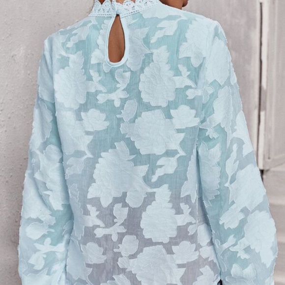 Bohemian Blue Floral Sheer Top Work Frill Neck Embroidered - Picture 8 of 8